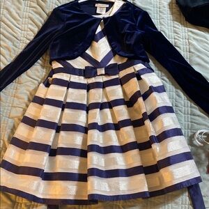 Jona Michelle Navy, white & silver Dress with navy velvet cardigan